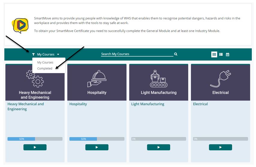 My courses and Completed menu